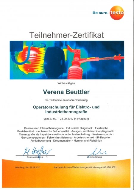 testo Zertifikat Operatorenschulung für Elekro- und Industriethermografie