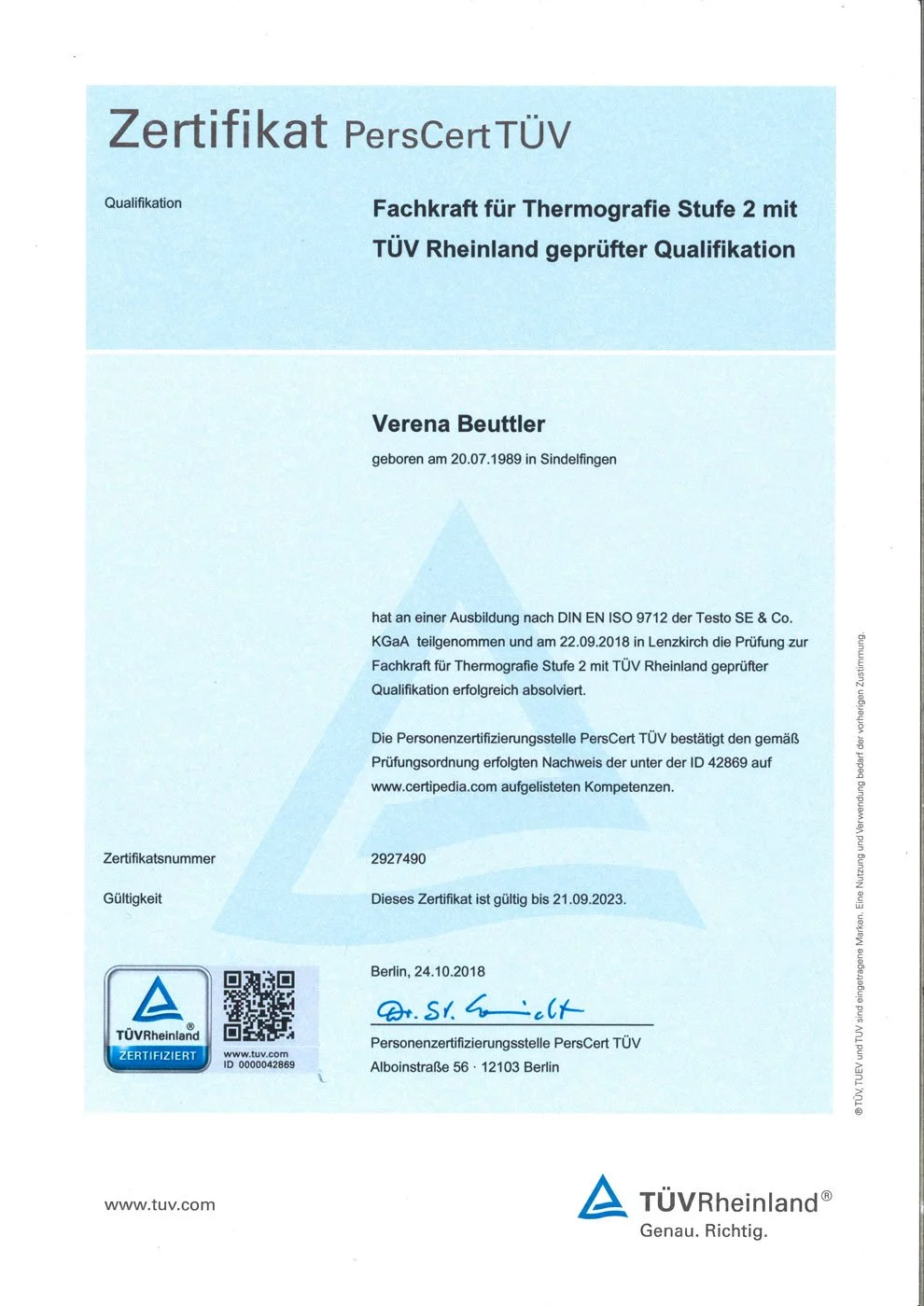 Zertifikat PersCert TÜV Fachkraft für Thermografie Stufe 2