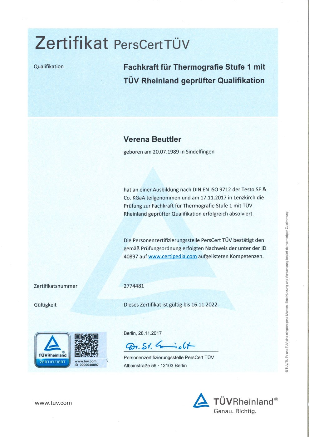 Zertifikat PersCert TÜV Fachkraft für Thermografie Stufe 1