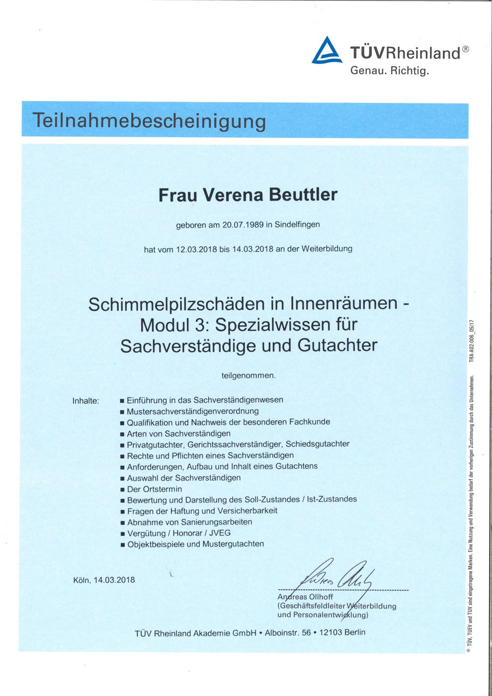 TÜV Theilnahmebescheinigung Modul 3; Spezialwissen für Sachverständige und Gutachter