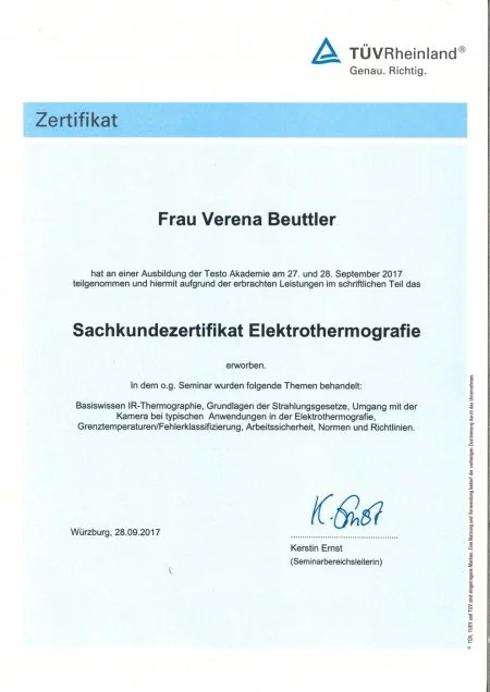 TÜV Sachkundezertifikat Elektrothermografie